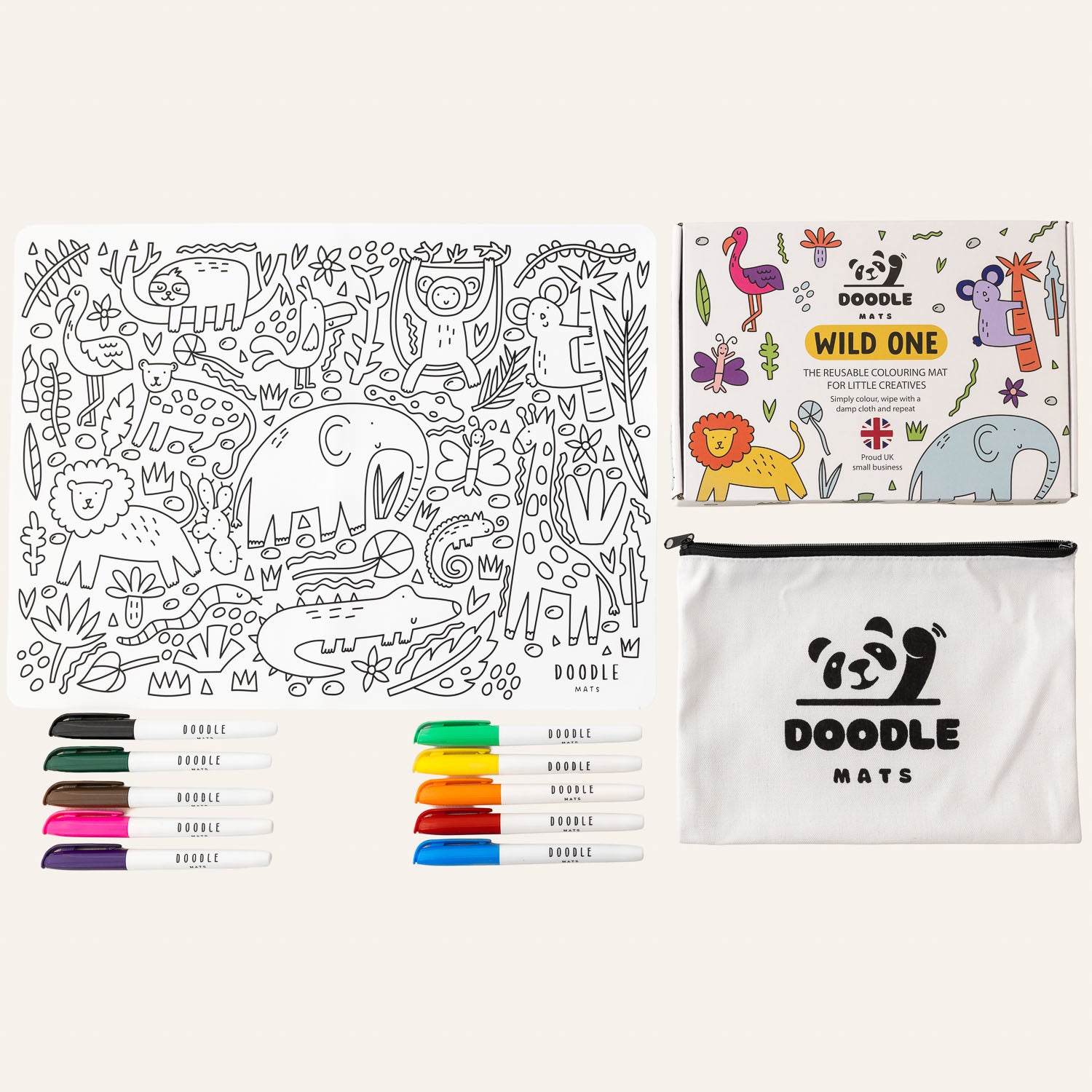 Wild One - Reusable colouring mat and 10 wipeable pens