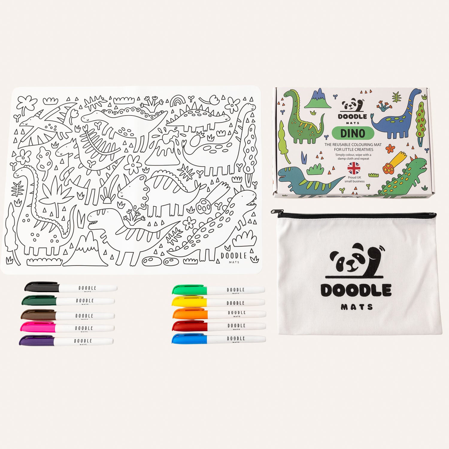 Dino - Reusable colouring mat and 10 wipeable pens