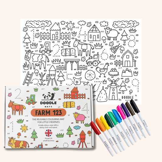 On The Farm 123 - Reusable colouring mat and 10 wipeable pens