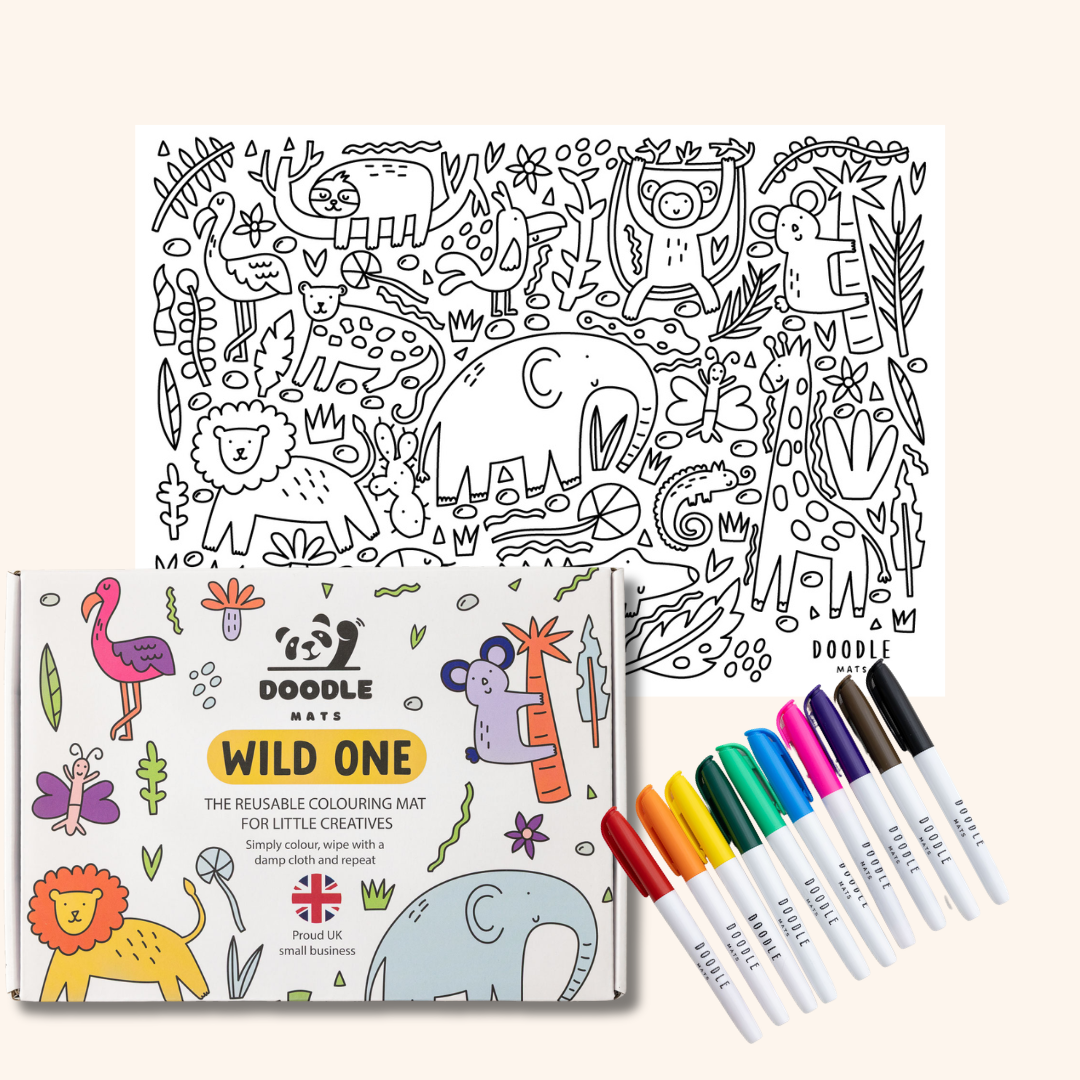Wild One - Reusable colouring mat and 10 wipeable pens