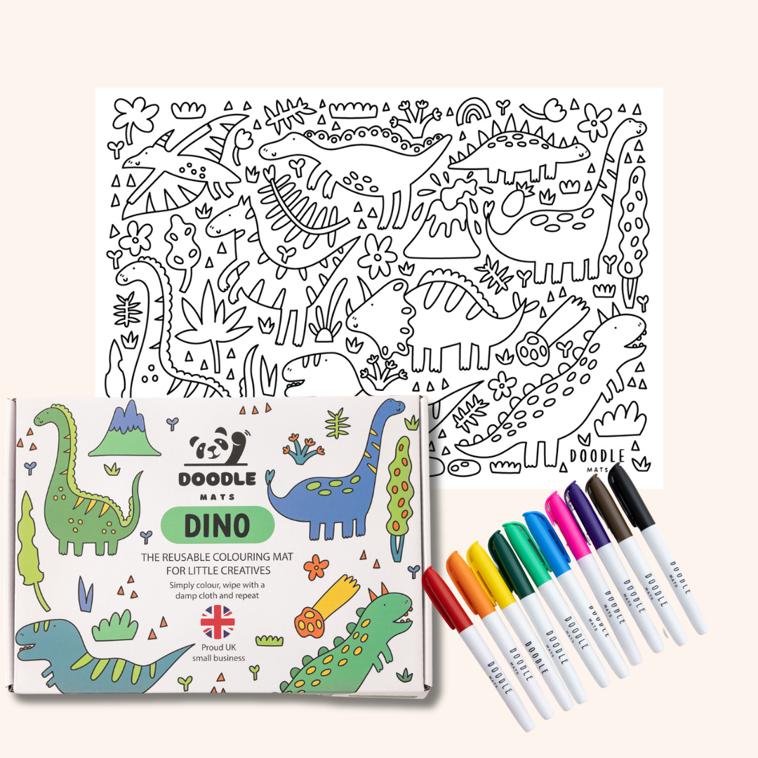 Dino - Reusable colouring mat and 10 wipeable pens