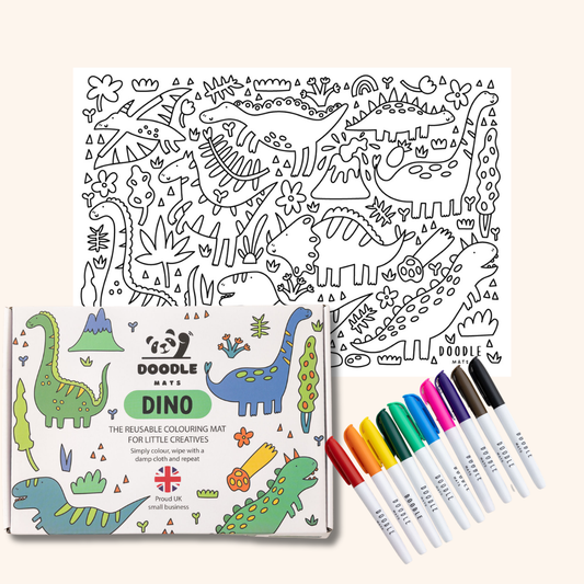 Dino - Reusable colouring mat and 10 wipeable pens